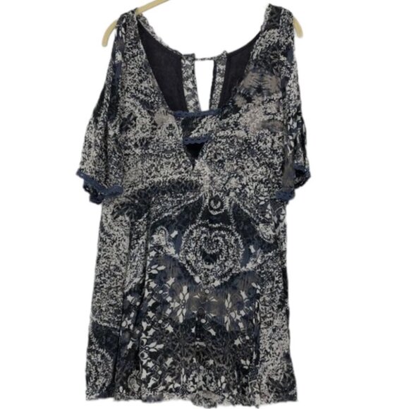 Free People blue printed Love Birds  mini dress / long tunic bohemian w/pockets - Picture 5 of 16